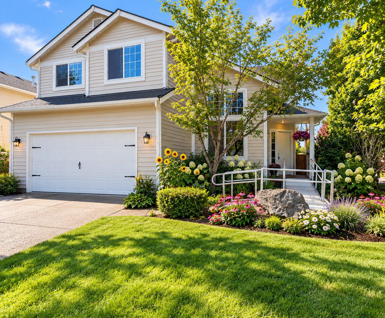 Welcoming exterior of Rainier Care Services Adult Family Home with accessible front entrance and ramp.